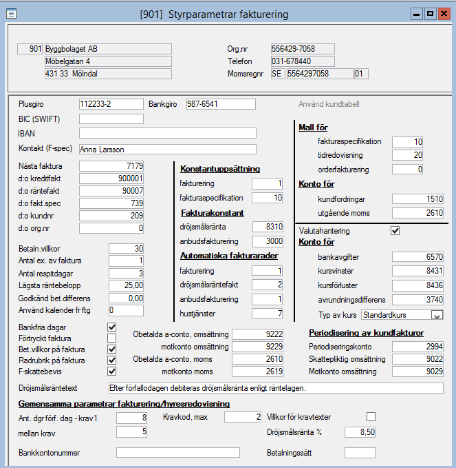Styrparametrar fakturering Fakturering & Kundreskontra-Registervård-Styrparametrar fakturering I styrparametrarna anger man hur man vill arbeta med fakturaspecifikationen i företaget/klienten.