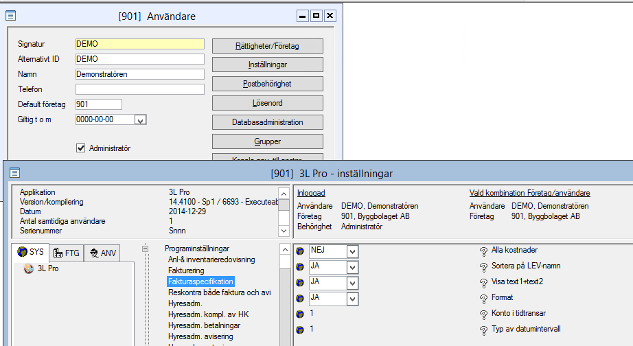 Inställningar som gäller för fakturaspecifikation i systemrutiner Registervård Fakturaspecifikation 3L Pro 2015 1) Alla kostnader = Alla bokföringstransaktioner tas med (red_rader) till specen.
