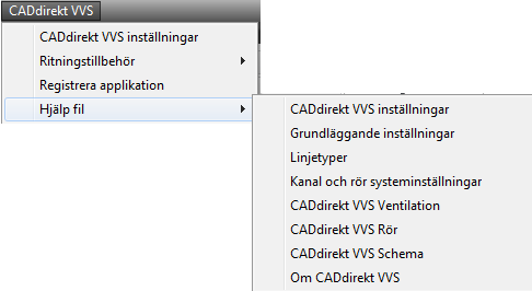 12 CADdirekt VVS Inställningsdialog/Verktygsfält. Inställningsdialog Detta val öppnar inställningsdialogen. Här gör du inställningar för hur ritningen skall se ut.