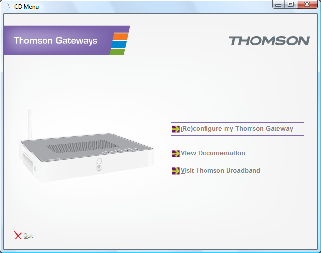 1 Installation Cd-meny för Klicka på följande på Cd-menyn: Konfigurera (om) min Thomson Gateway om du vill konfigurera om Thomson Gateway eller lägga till en ny dator i nätverket.