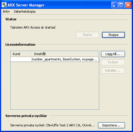 Starta ARX ACCESS Server När licenser och privata nycklar är korrekt installerade kan man gå vidare och starta ARX ACCESS-servern. Även detta görs ifrån verktyget ARX ACCESS Server Manager. 1.