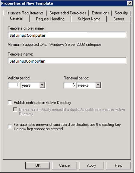 4 Autoenroll datorcertifikat 4.1 Certifikatmall Gå in i CA:ns administration, högerklicka på Certificate Templates och välj Manage. Ge certifikatmallen ett nytt namn.
