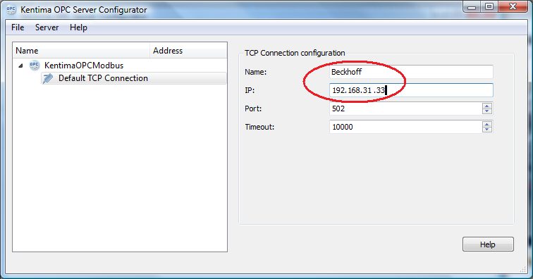 Modbus OPC Server Modbus OPC Server Integration med Ethiris Figur 4.2 Skapa en TCP-anslutning. En ny nod kallad Default TCP Connection skapas i trädvyn. Ange IP-adress till Beckhoff-enheten. Figur 4.3 Ange IP-adress.