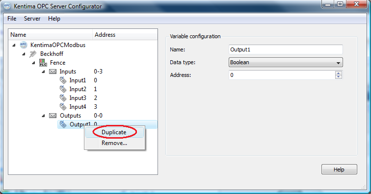 Integration med Ethiris Modbus OPC Server Modbus OPC Server Figur 4.14 Skapa utgångsvariabel. En ny variabel skapas. Välj den i trädvyn och ändra namn på den till Output1 (Utgång1). Figur 4.15 Ny utgångsvariabel skapad.