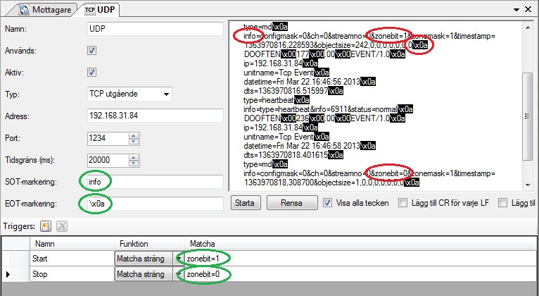 Integration med Ethiris Mottagare Figur 5.9 Panelen UDP med identifierade nyckeltexter I textflödet från kameran har de aktuella nyckeltexterna identifierats och markerats med röda ellipser.