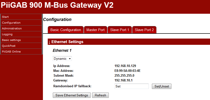Kapitel 4 Inställningar och Parameterbeskrivning 4.1 Grund konfigurering 4.1.1 Ethernet inställningar PiiGAB M-Bus 900 kan antingen ställas in för fast IP eller för dynamisk IP.