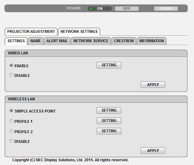 3. Behändiga funktioner NÄTVERKSINSTÄLLNINGAR SETTINGS WIRED eller WIRELESS SETTING APPLY DHCP ON DHCP OFF IP ADDRESS SUBNET MASK GATEWAY AUTO DNS ON AUTO DNS OFF Inställning för WIRED LAN ENABLE