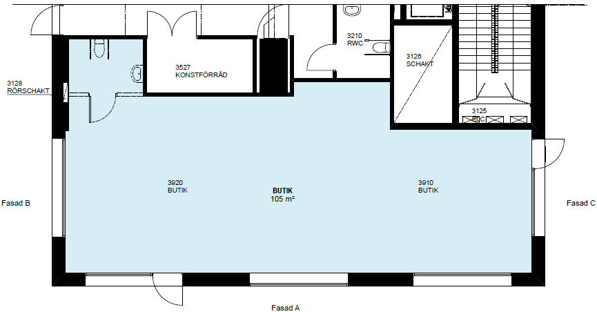 Butikslokal Fasad B Fasad C Fasad A Butikslokalen är totalt 105 kvm och ligger