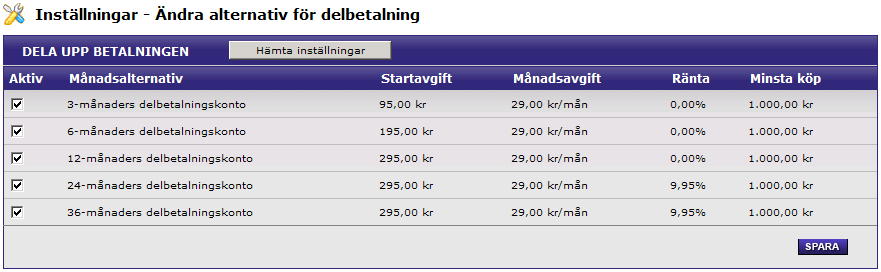 Direktbetalning Här bockar ni för den/de banker som er butik har avtal med.