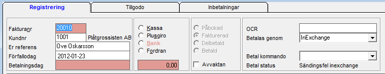 Visning i kundreskontran På raden Betalas genom i Kundreskontran står det InExchange på de fakturor som är skickade till InExchange.