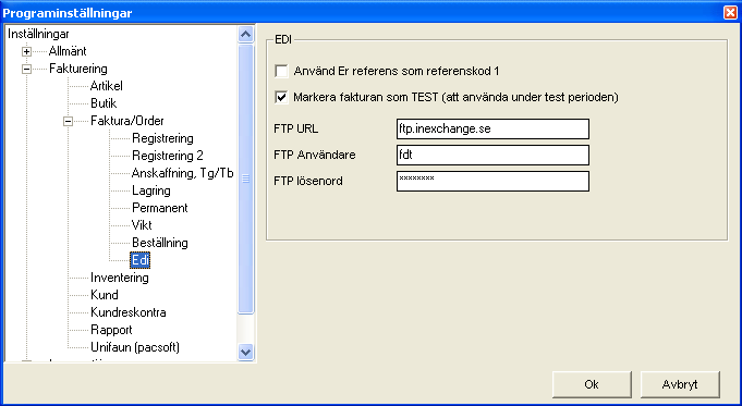 De inställningar som har installerats visas i formuläret och kan redigeras. Uppgift om referenskod1 måste finnas för att det ska skapas en elektronisk faktura.