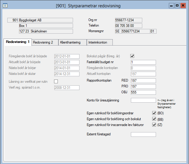 Styrparametrar/ Redovisning Här registreras uppgifter om hur bolagen skall hantera redovisningen.