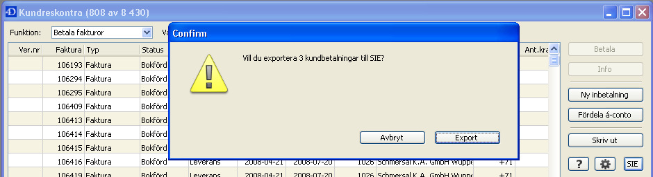 2.5.1 Utskrift Kundfordringar Väj Skriv ut Kundfordringar så visas total fordran fördelat per kund och totalt. 2.5.2 SIE export Klicka på knappen SIE för att exportera från reskontran.