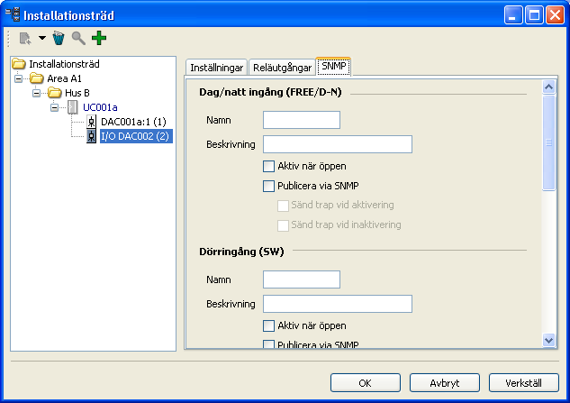 Fliken SNMP Var och en av rubrikerna under fliken SNMP motsvarar en av de fyra ingångarna: Dag/natt ingång (FREE/D-N) Dörringång (SW) Blockeringsingång (IN7) Larmingång (IN8) Installationsträd med