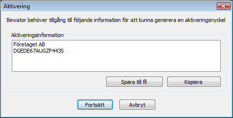 3. Skriv ned/kopiera aktiveringsinformationen i rutan. Kontakta Innesälj på Siemens Security products och ange aktiveringsinformationen för att få en aktiveringsnyckel.