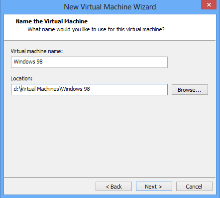 VMware automatiskt av att det är Windows 98 man vill installera och ställer in den virtuella maskinen med
