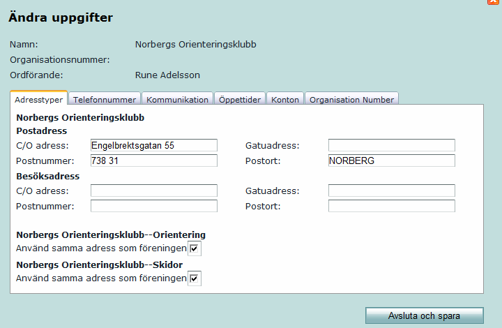 Visa och uppdatera föreningens uppgifter Under fliken Klubbinfo kan man se och uppdatera föreningens uppgifter.