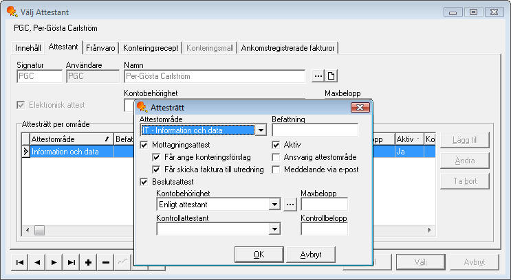 Attestanter och attesträtter En viktig förutsättning för elektronisk fakturaattest är att attestanter finns registrerade och att regler fastställs för hur och vad dessa får attestera.