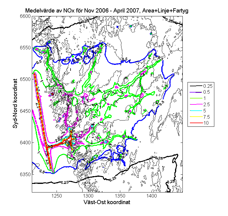 Medelvärde av NOx (µg/m 3 ) beräknat för areakällor, sjötrafik och Trafikverkets linjekällor i Västra Götaland för perioden nov 2006 apr 2007.