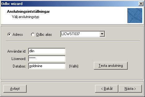 På nästa flik sker själva kopplingen till databasen, välj Adress eller Odbc Alias. Adress Ange datornamn eller ip-adress till datorn. (Använder ADO för att skapa en koppling.