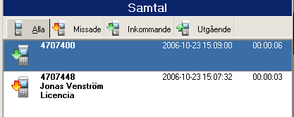 Samtalslogg Visa Samtalslogg Samtalsloggen visas genom att klicka på knappen för samtalslogg i verktygsraden.