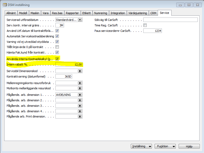 Uppsättning Service uppsättning DSM inställning (fliken Service) I DSM uppsättning under fliken Service ska det anges om den interna delen av omsättningen körs till kost- eller försäljningspris.
