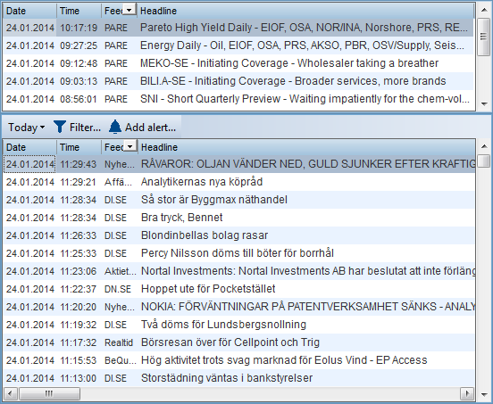 NYHETER NYHETER Du får tillgång till nyheter och pressmeddelanden från olika byråer/källor, samt Paretos egen nyhetskälla med alarm om nya analyser och länk till dessa.