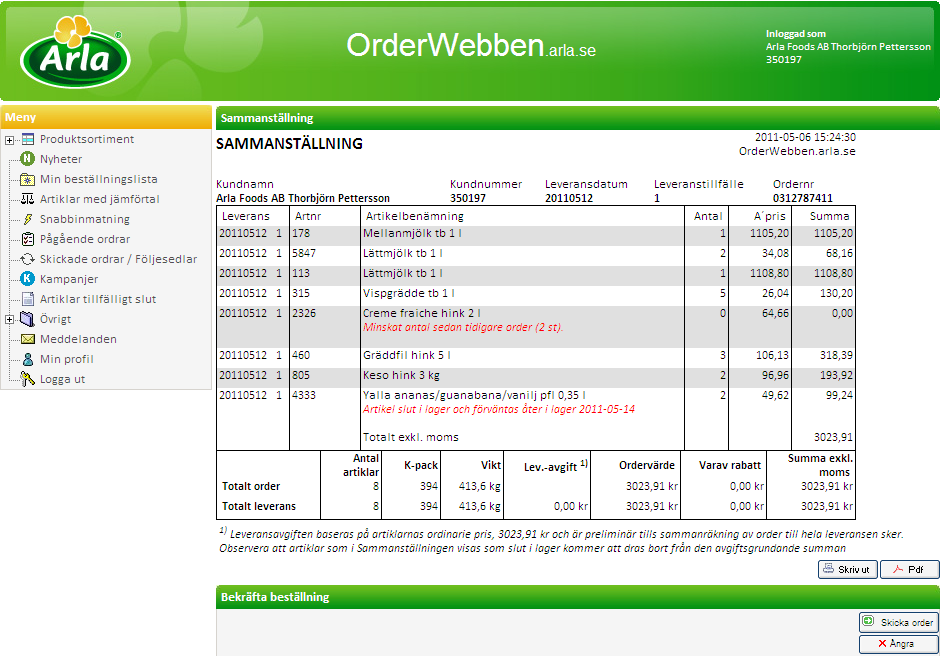 Nu ser du en sammanställning av din order. Du kan ange referens (1) om du vill ha med ett ordernummer eller kanske ange vem som gjort beställningen, om ni är flera som delar på den uppgiften.