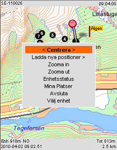 Bild 5:5 Datum och tid för hundenhetens senaste position. Bild 5:6 Kartans bredd i terrängen angett i km.