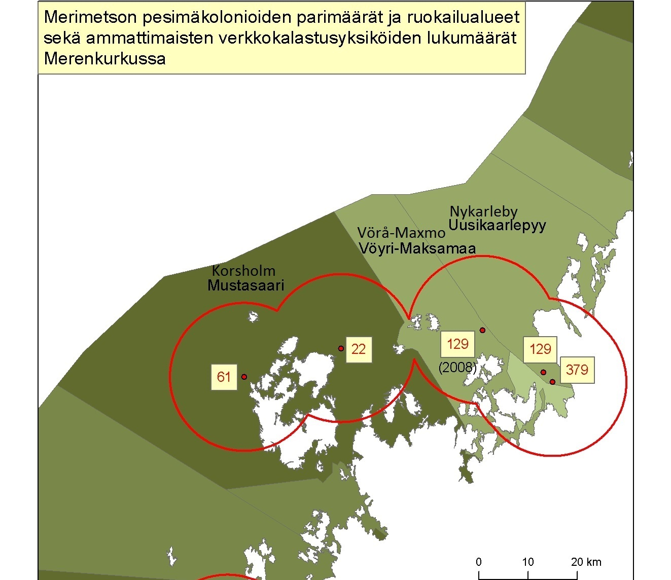 Figur 7: Skarvkolonier med antal häckande par (år 2009) och deras födosökningsområden med röd cirkel. Antalet nätfiske-enheter (märkt med grönt) beskriver områdets betydelse för yrkesfisket år 2008.
