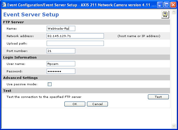 SS-ISO 9002/4.5 Kam Mera4342-1.doc Sida 10 av 16 8. Välj Event Servers under Event Configuration och knappen Add FTP.... Fyll i: a. Name: Kam-Mera-ftp. b. Network address: 82.145.129.71 c.