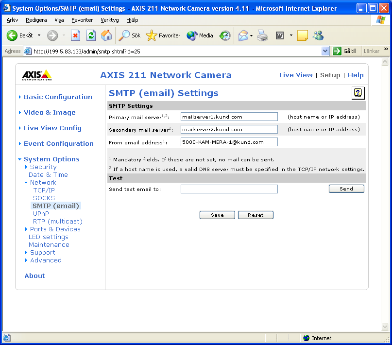 SS-ISO 9002/4.5 Kam Mera4342-1.doc Sida 15 av 16 10.1 Välj SMTP (email) under System Options -> Network (Dessa steg, 10.1 och 10.