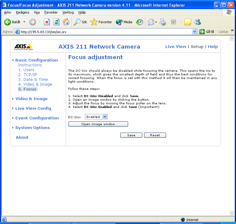SS-ISO 9002/4.5 Kam Mera4342-1.doc Sida 9 av 16 7. Focus under Basic Configurations används när man ska ställa in fokus på kameran. OBS! DC-Iris sätts till Disabled när fokus ställs in på kameran. a. Sätt DC-Iris till Disabled.