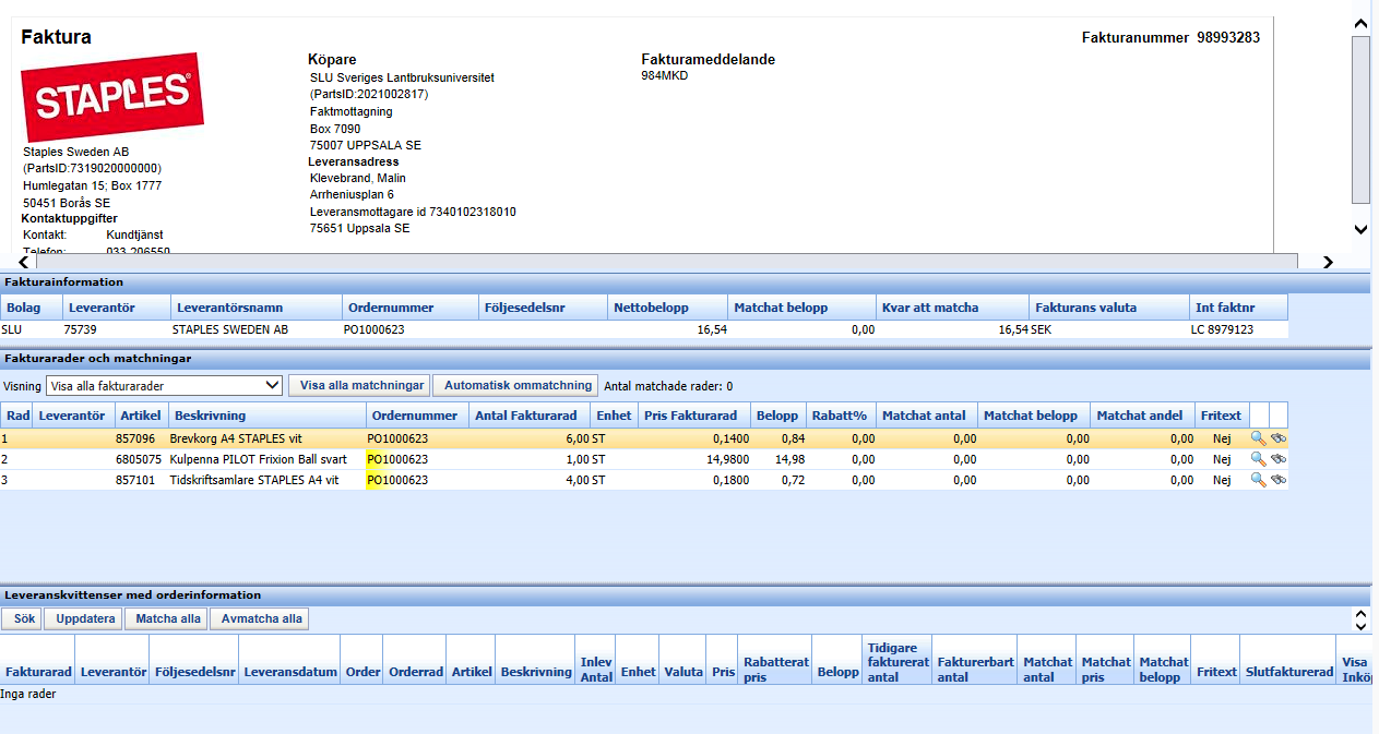 Exempel1: Faktura där inga artikelrader är registrerade i palette punkt 3 har inga data.