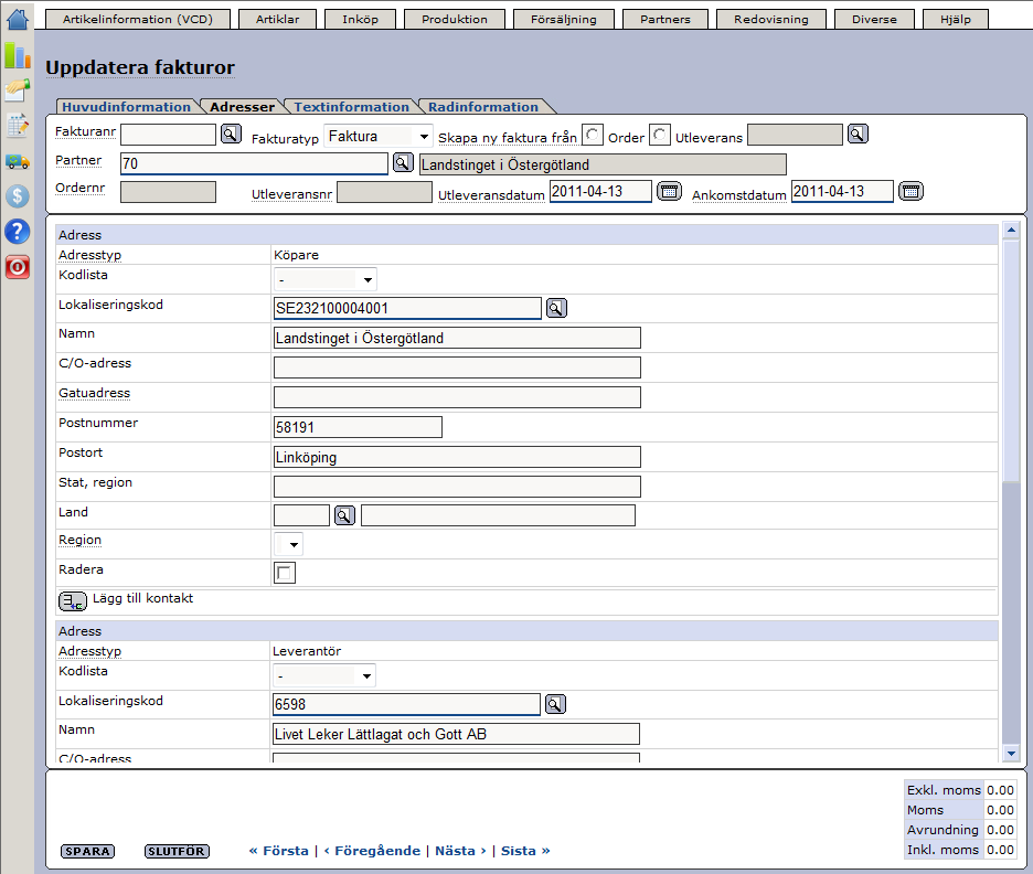 Senast Uppdaterad: 11-04-10 Exder LT i Östergötland efaktura Sida 10 av 18 Ni kan här se er partners huvudadress och även er egen adress.