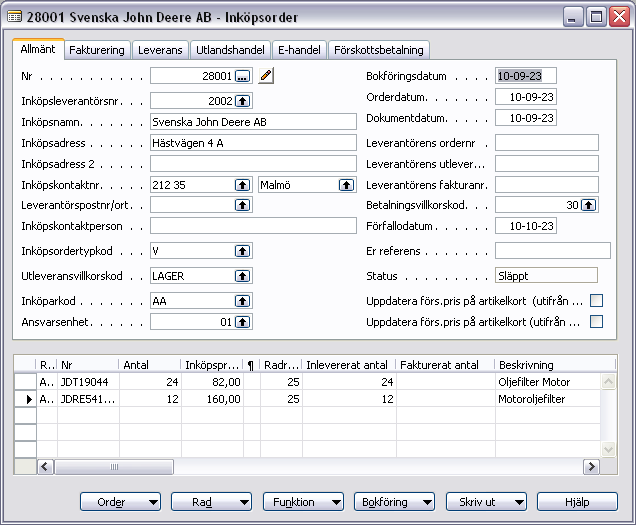 Tryck OK. Då ser ordern ut såhär: Observera att Inlevererat antal nu är ifyllt och att statusen är ändrad till Släppt. Ordern kan nu också hittas under Inköp Historik Bokförda inleveranser.