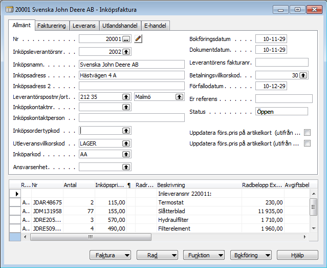 När du sedan trycker OK återkommer du till fakturan och raderna har nu blivit överförda till den: Det framgår från fakturan vilka inleveransnr. de olika raderna kommer från, t. ex. Inleveransnr.