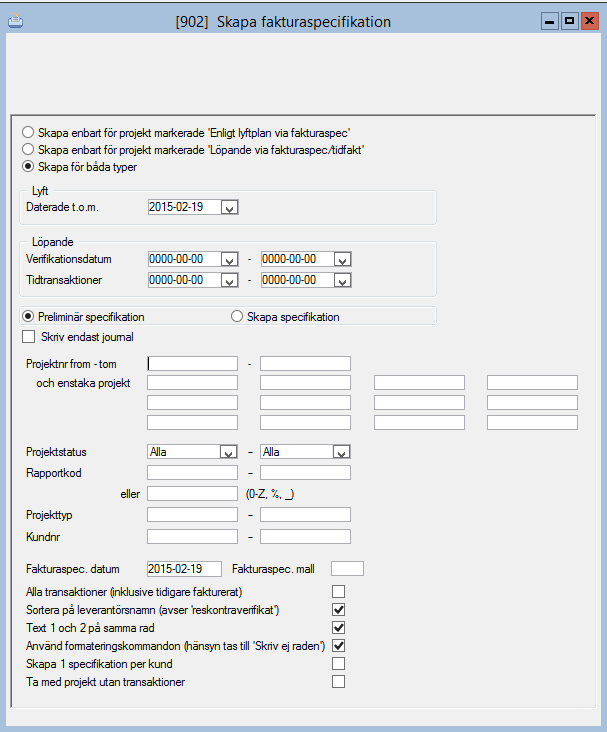 Skapa fakturaspecifikation Här kan man skapa en fakturaspecifikation