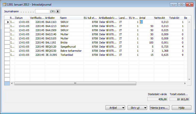 Körningen hämtar alla artikeltransaktioner i statistikperioden och skriver dem som rader i journalen. Om några av artiklarna saknar upplysningar, går det att mata in det i journalen.