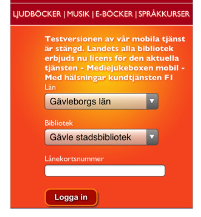 Att lyssna på ljudbok i plattan (Strömmande media = Fungerar bara när du har internetuppkoppling) 1. Gå ut på internet och skriv adressen: www.mobil.mediejukeboxen.se 2. Tryck på fortsätt. 3.