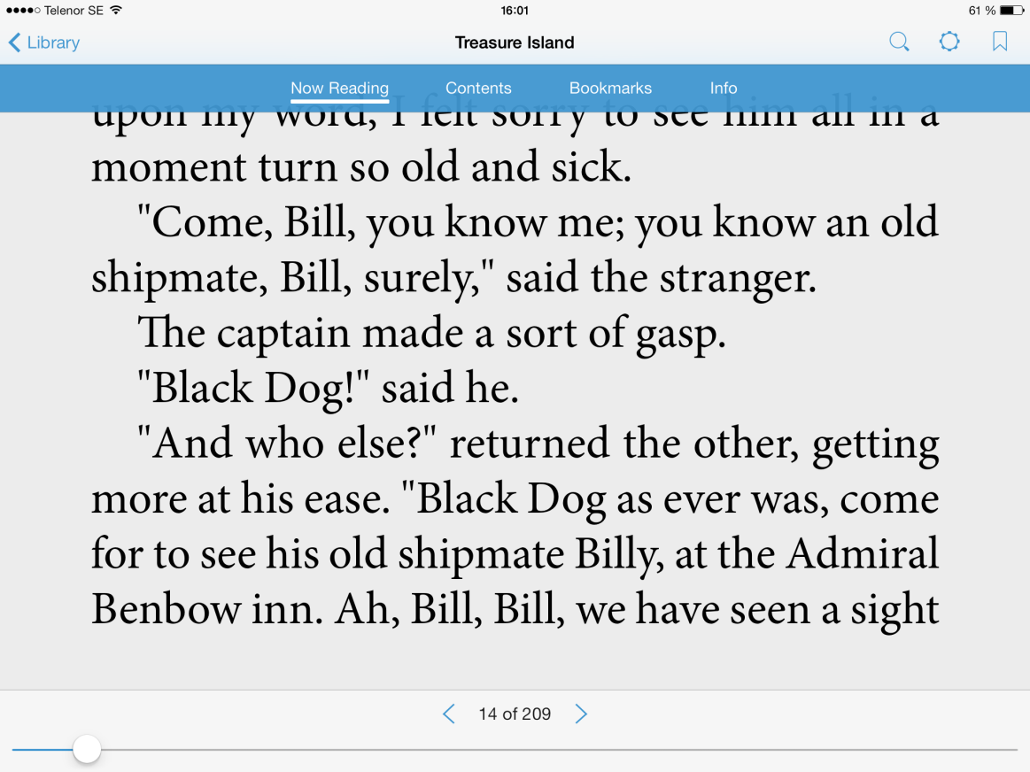 34. Om du valt Read later hamnar du i ditt bibliotek. Här kan du se vilka böcker som finns i din bokhylla. (Treasure Island har alla, även om man inte hämtat den.