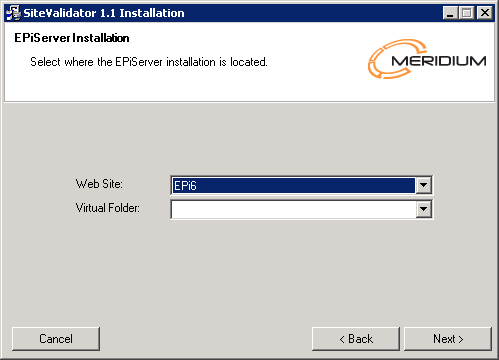 3.2.3. Välj EPiServer installation Det går bara att installera SiteValidator på webbplatser som har EpiServer CMS 5/6 (beroende på installationsprogram).
