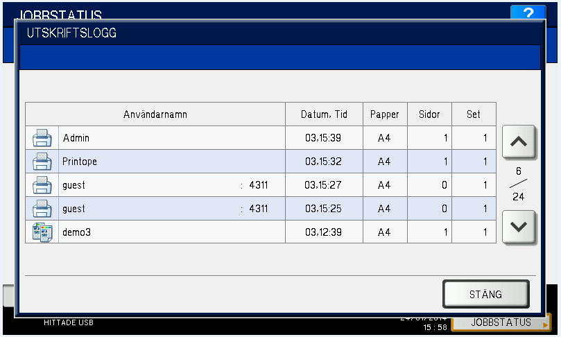 14. Övrigt Printlogg där man ser allas jobb: Som användare Auditor har man möjlighet att gå in och kolla utskriftloggen för alla användare på maskinen, men inte göra något annat.