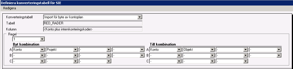 Regler Varje konverteringstabell måste ha minst en regel. En regel innehåller översättning av konton och koddelar.