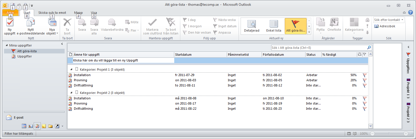 Synka till uppgifter Nedan visas resultatet vid synkning av uppgifter (Task). Varje projekt (uppdrag) i Easy Planning överförs till Outlook som en kategori med underliggande aktiviteter.