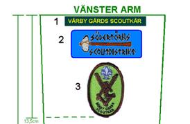Förbundsmärke: Mörkblått för scouter / ljusblått för ledare Sys ovanför vänster skjortficka. Höger arm: Hajk & läger.