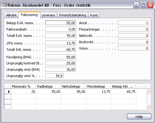 Statistik (F9) Det visas statistik för den aktuella Försäljningsordern. Försäljningsorderstatistiken har fem flikar: Allmänt, Fakturering, Leverans, Förskottsbetalning och Kund.