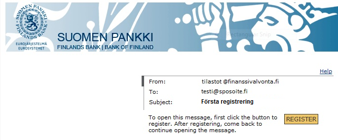 2 (5) 2.3 Första registrering Efter att du har öppnat Securedoc.html -filen öppnar sig en sida i Finlands Banks krypterade e-postsystem (bilden nedan) som begär att du registrerar dig.