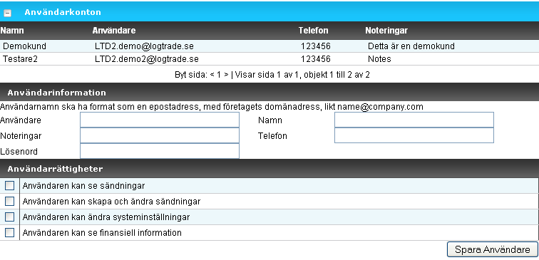 Under Användare anger man vilka rättigheter