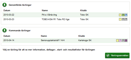 Mina tävlingar Här kan du söka fram alla tävlingar för alla golfklubbar i Sverige. Välj tidsperiod Från-Till, välj sedan klubb via favoritklubb eller skriv in klubbnamnet.